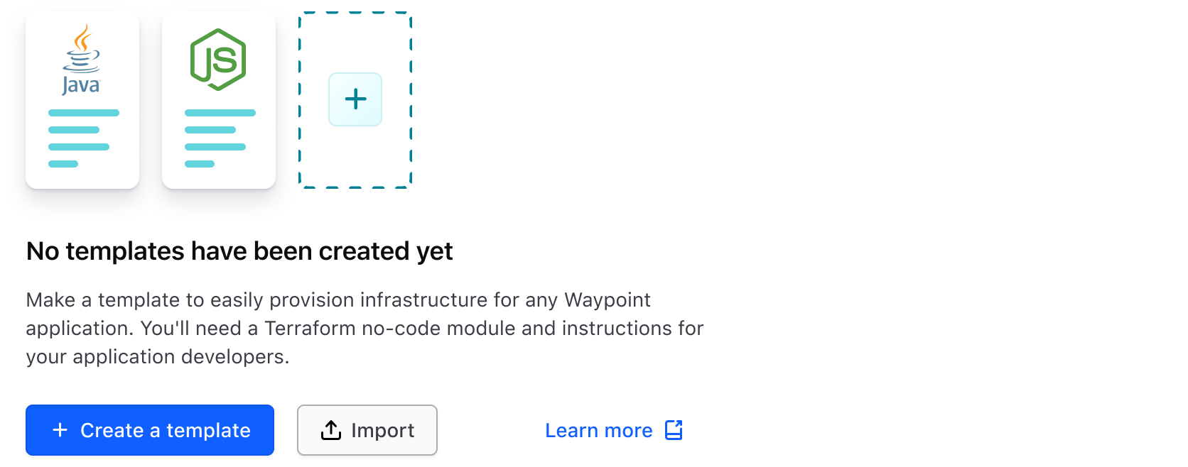 Showing an empty state with a primary and secondary button along with a stand alone link